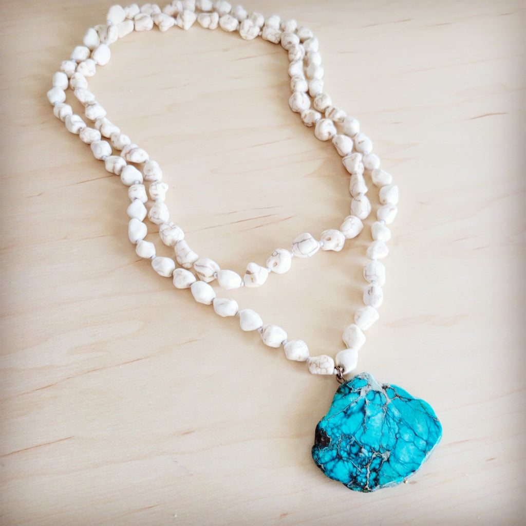 Long White Turquoise Beaded Necklace w/ Genuine Regalite Pendant 263c