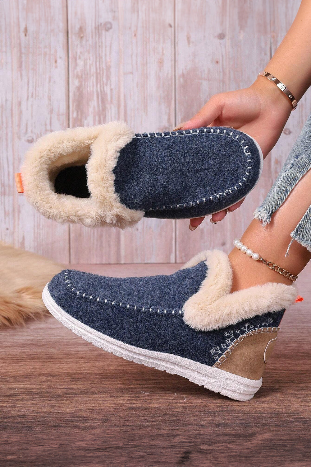 Anna Suede Stitching Plush Lined Anklet Boots