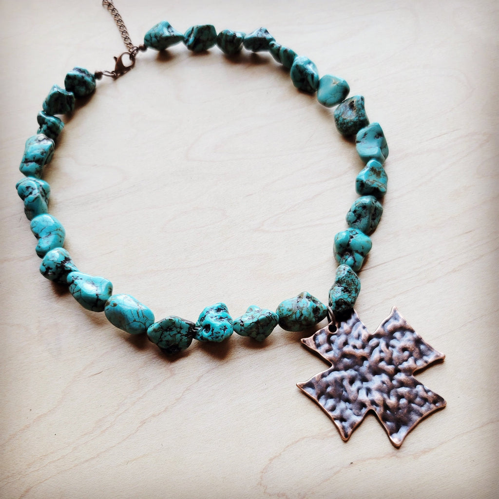 Chunky Blue Green Turquoise Collar Necklace w/ Cross Pendant 259u