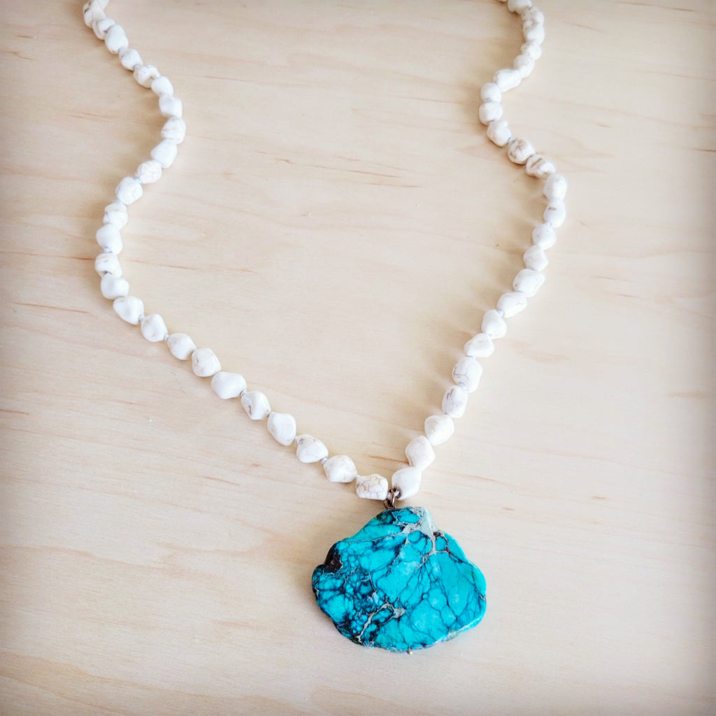 Long White Turquoise Beaded Necklace w/ Genuine Regalite Pendant 263c