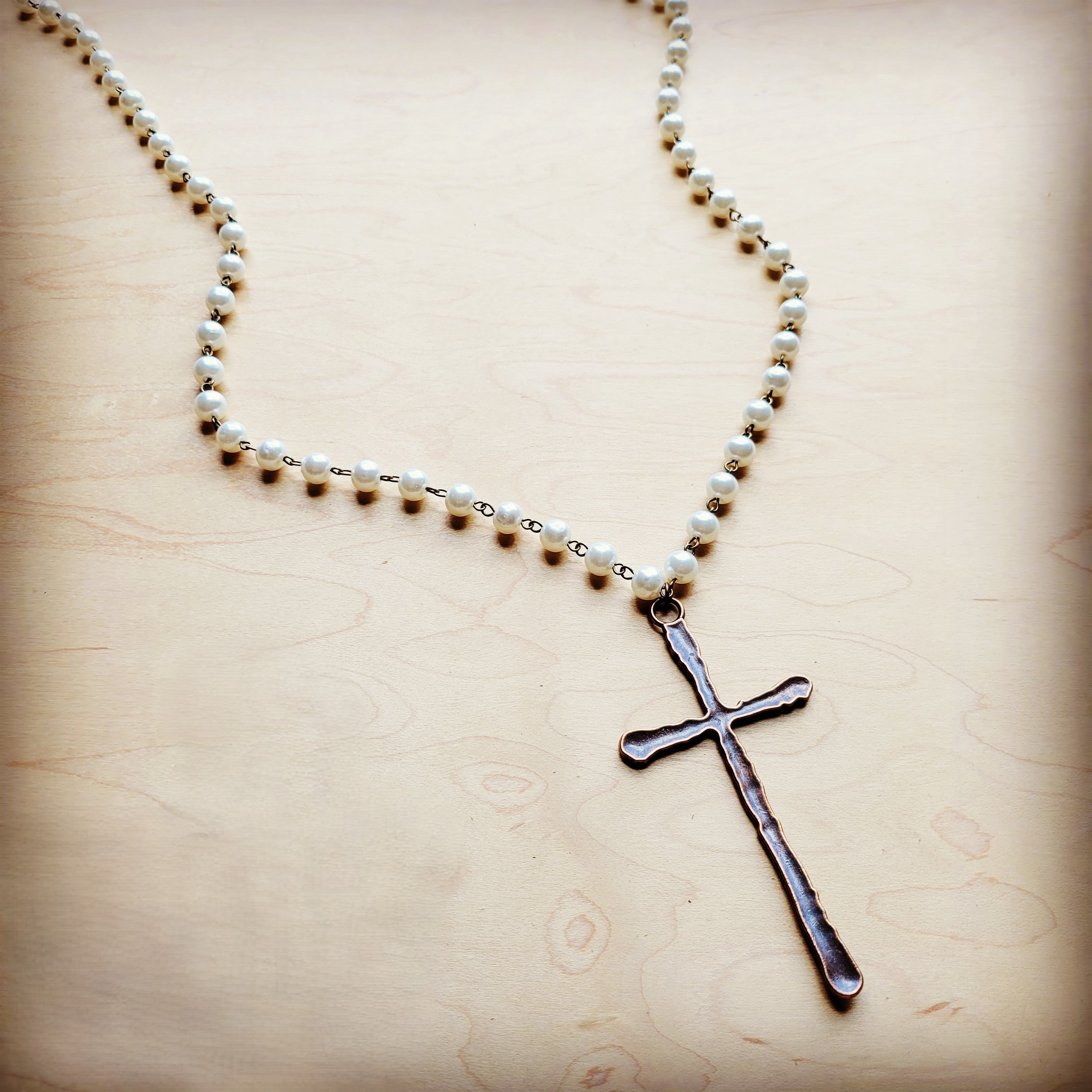 Pearl Long Beaded Necklace with Antique Copper Cross 255t