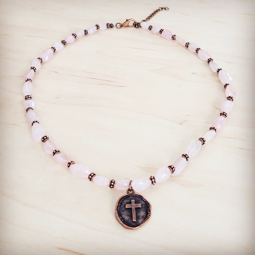 **Rose Quartz Collar Necklace w/ Copper Cross Round Charm 263j
