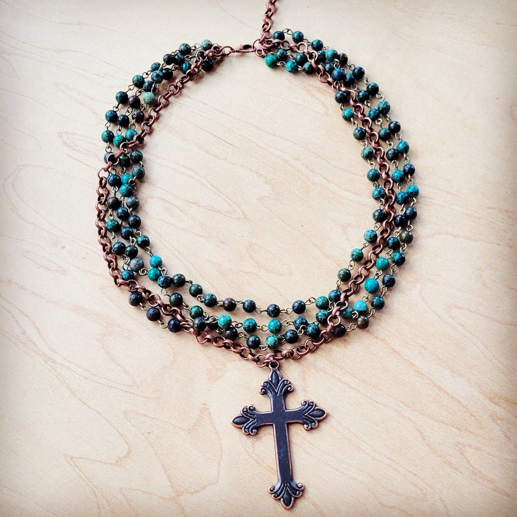 African Turquoise Beaded Collar Necklace w/ Cross Pendant 261c