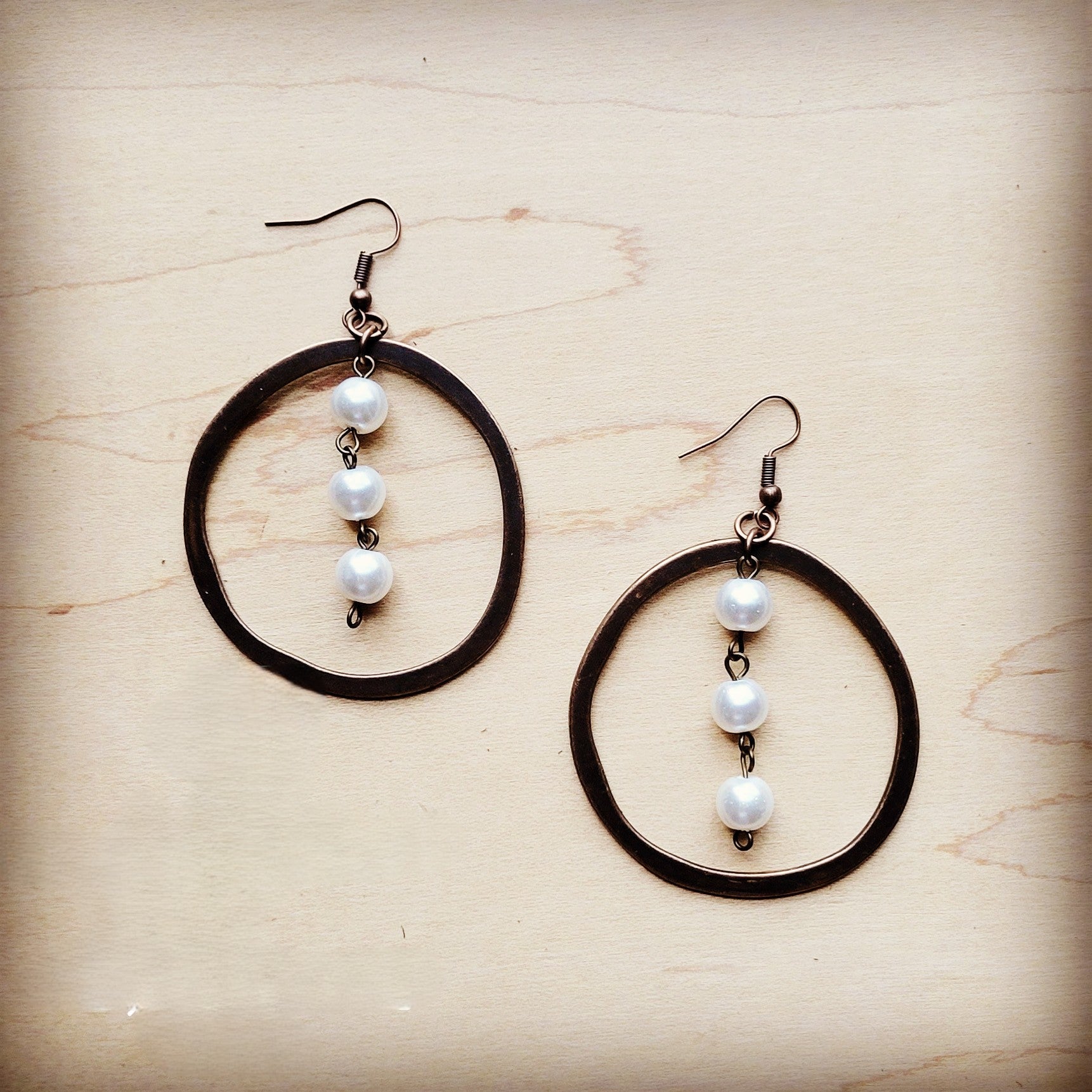 Western Copper Hoop Earrings w/ Glass Pearl Beads 217h