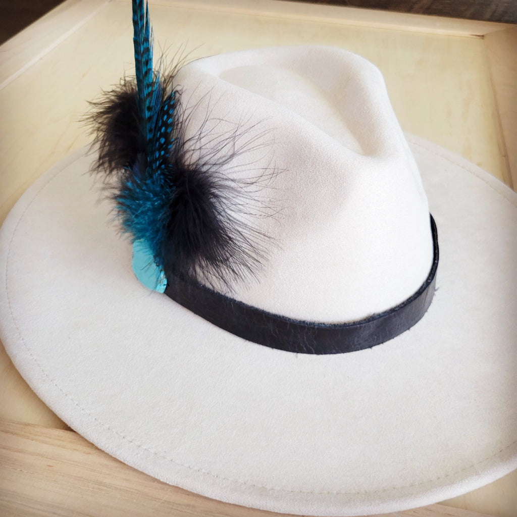 Genuine Leather Black Hat Band w/ Turquoise Feathers 953g
