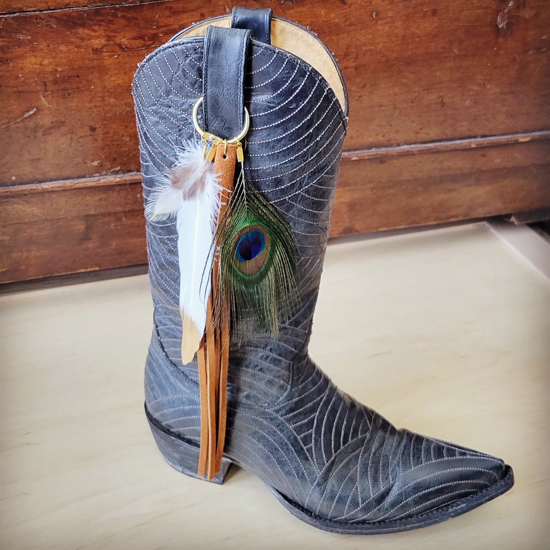 Boho Western Leather Boot Bling Brown w/ Peacock Gold Feathers 500u