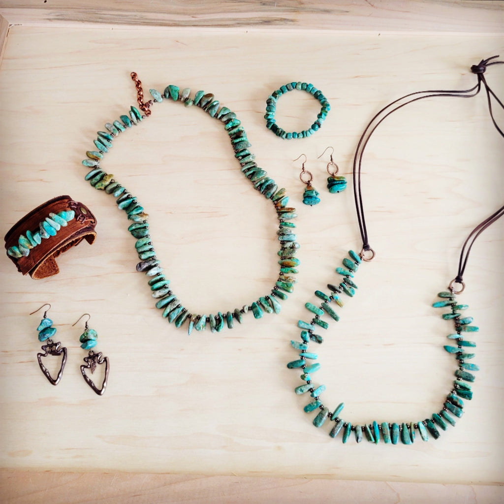 Natural Turquoise Stacked Stone Necklace with Leather Ties 263e