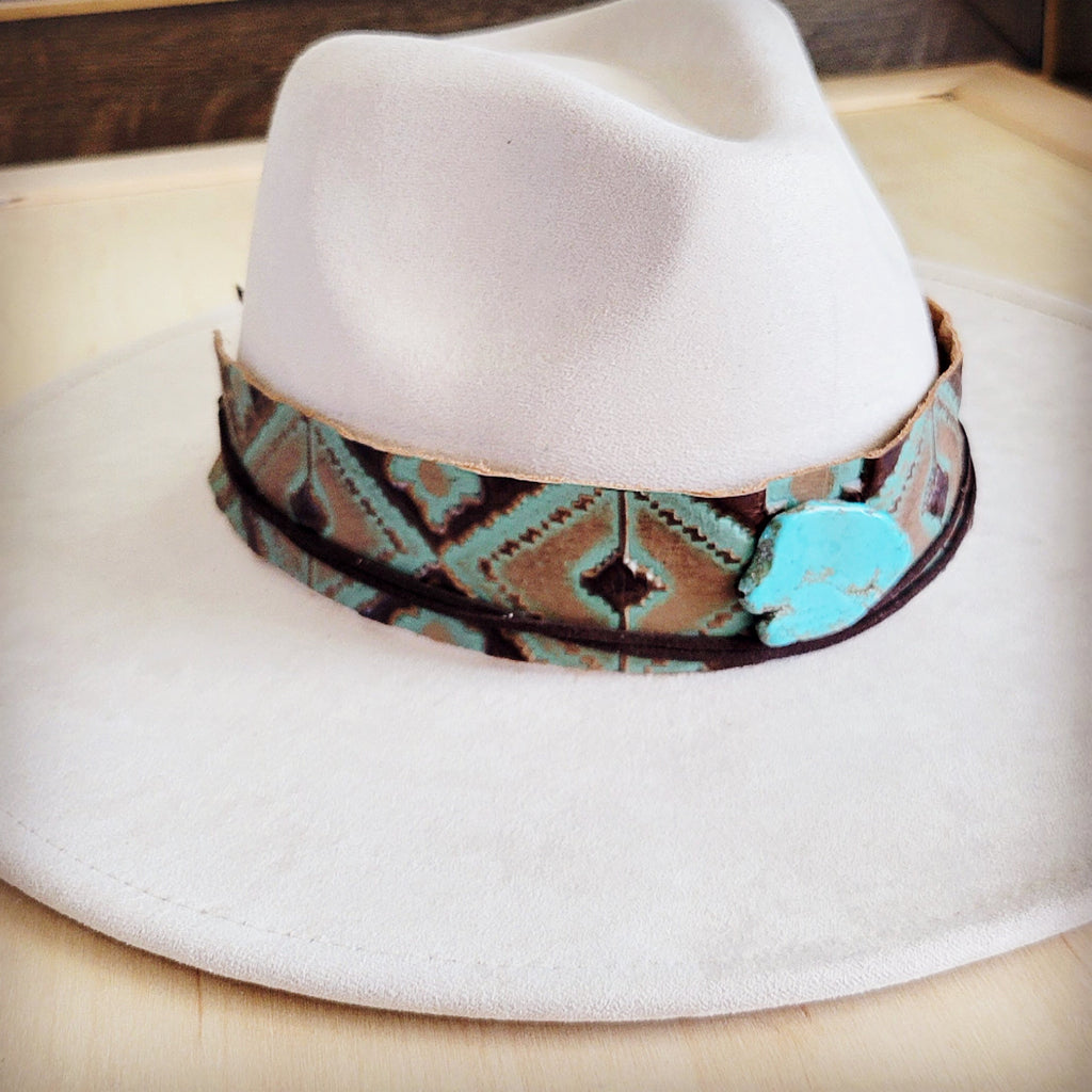 Wide Genuine Leather Turquoise Navajo Hat Band w/ Turq 953i