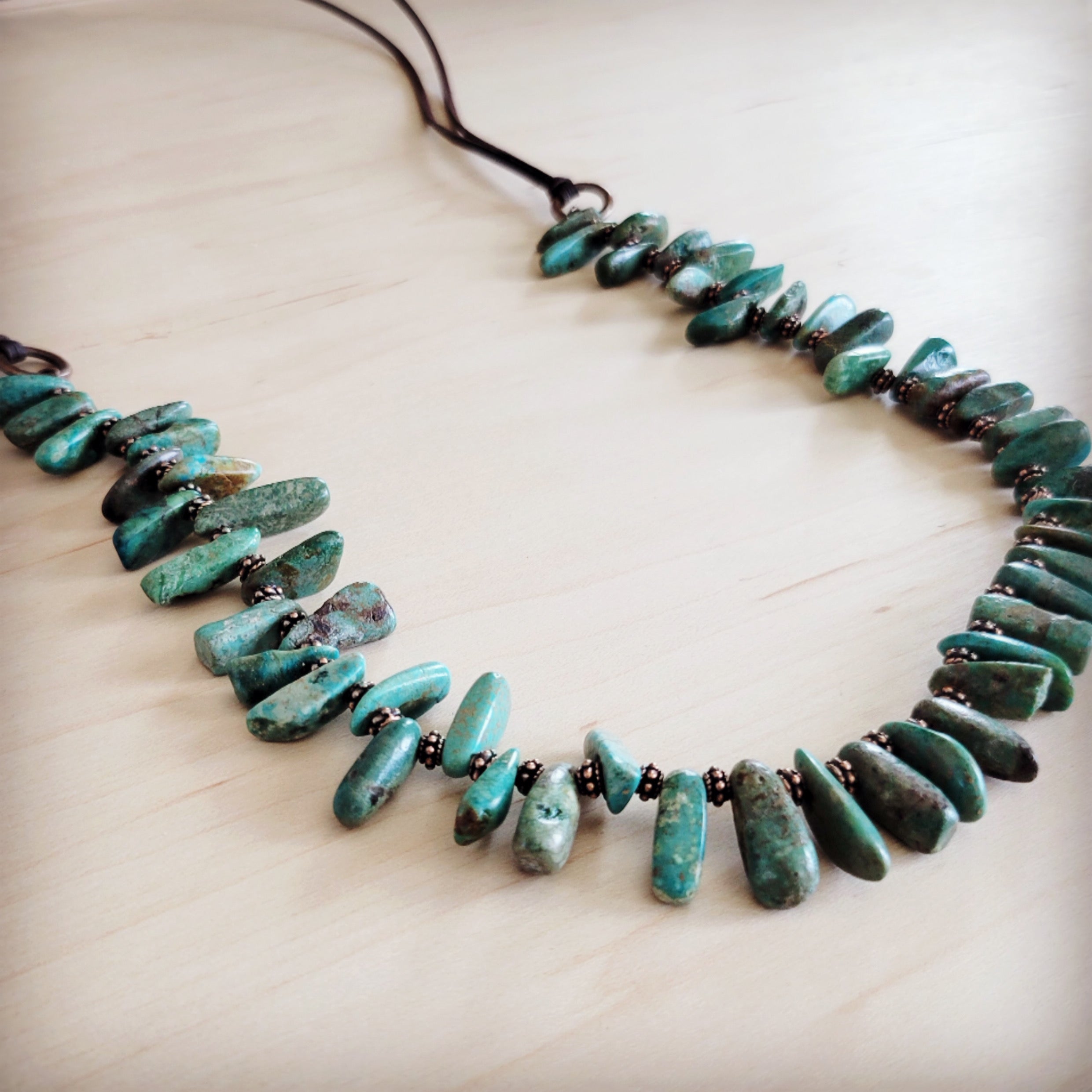 Natural Turquoise Stacked Stone Necklace with Leather Ties 263e