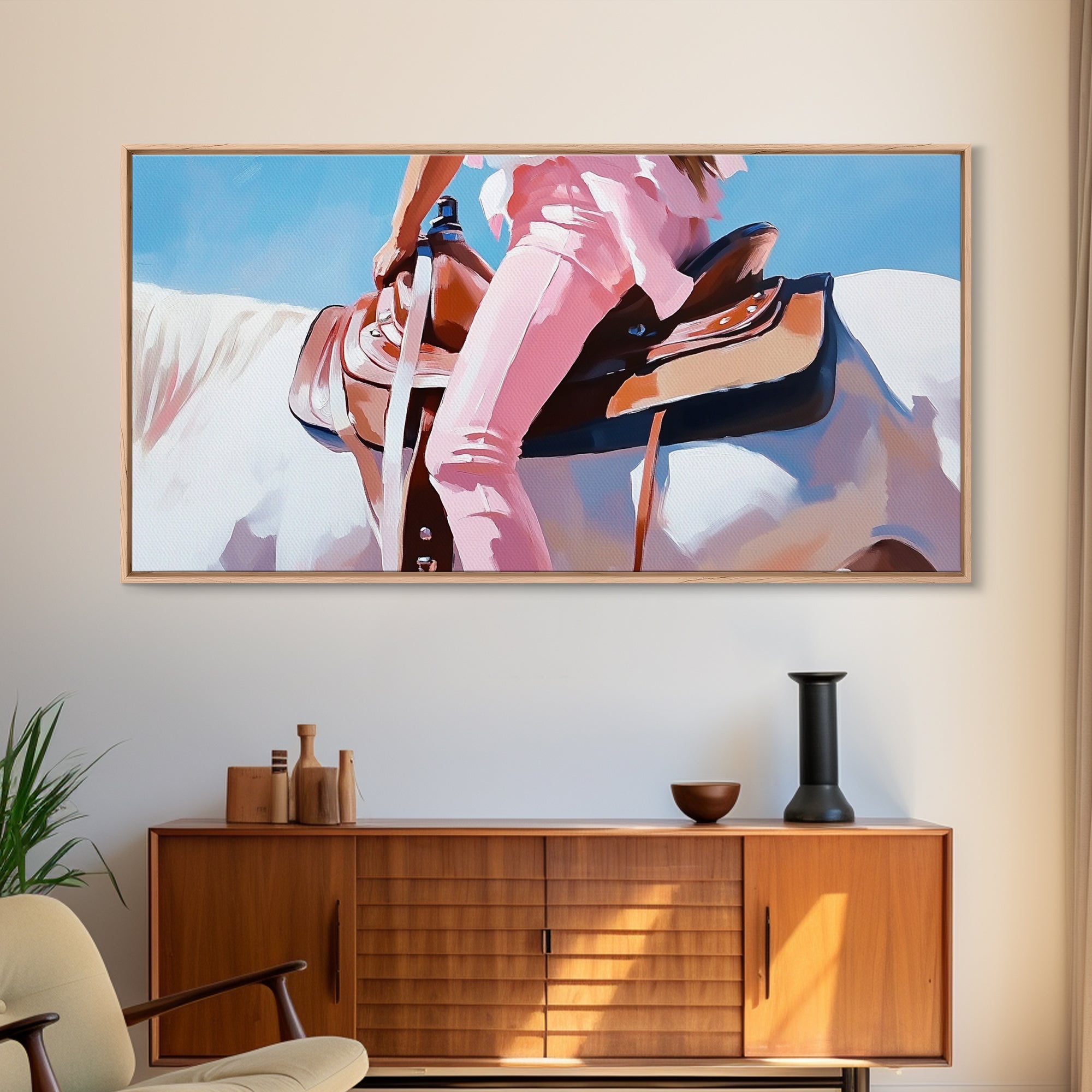 Western Rider, Cowgirl Art, Equestrian Wall Decor, Rustic Country Aesthetic, Pink and White Painting, Ranch Home Decor, Framed Canvas Print