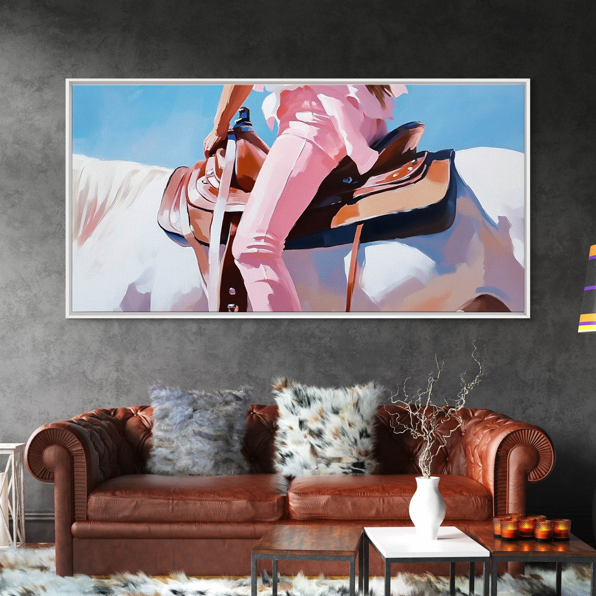 Western Rider, Cowgirl Art, Equestrian Wall Decor, Rustic Country Aesthetic, Pink and White Painting, Ranch Home Decor, Framed Canvas Print