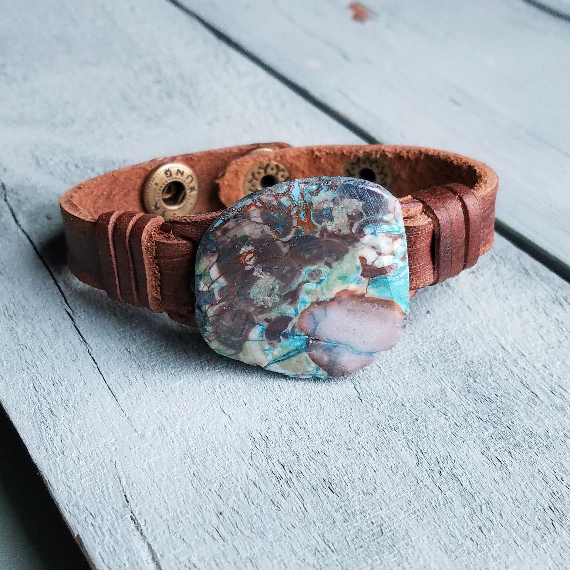 **Ocean Agate Slab on Narrow Leather Cuff 005K