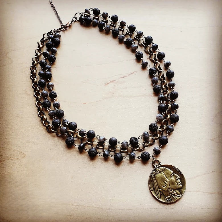 Labradorite Triple Strand Collar Necklace w/ Indian Coin 252q