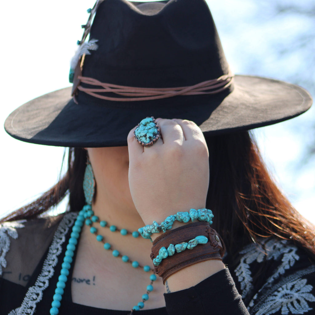 Genuine Leather Wide Cuff with Blue Turquoise Chunks 001z