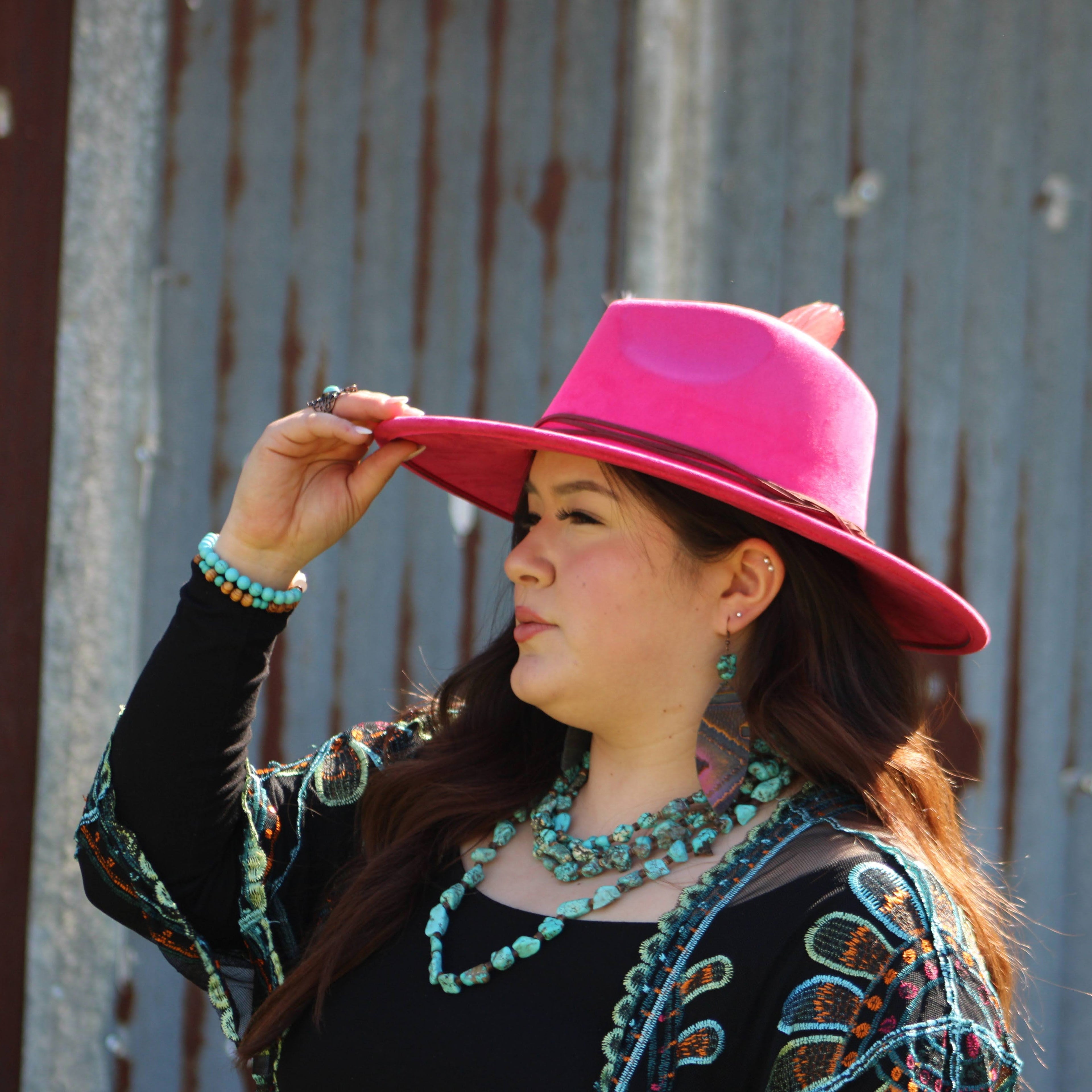 **Leather Oval Earrings in Magenta Navajo w/ Turquoise Accent 215L