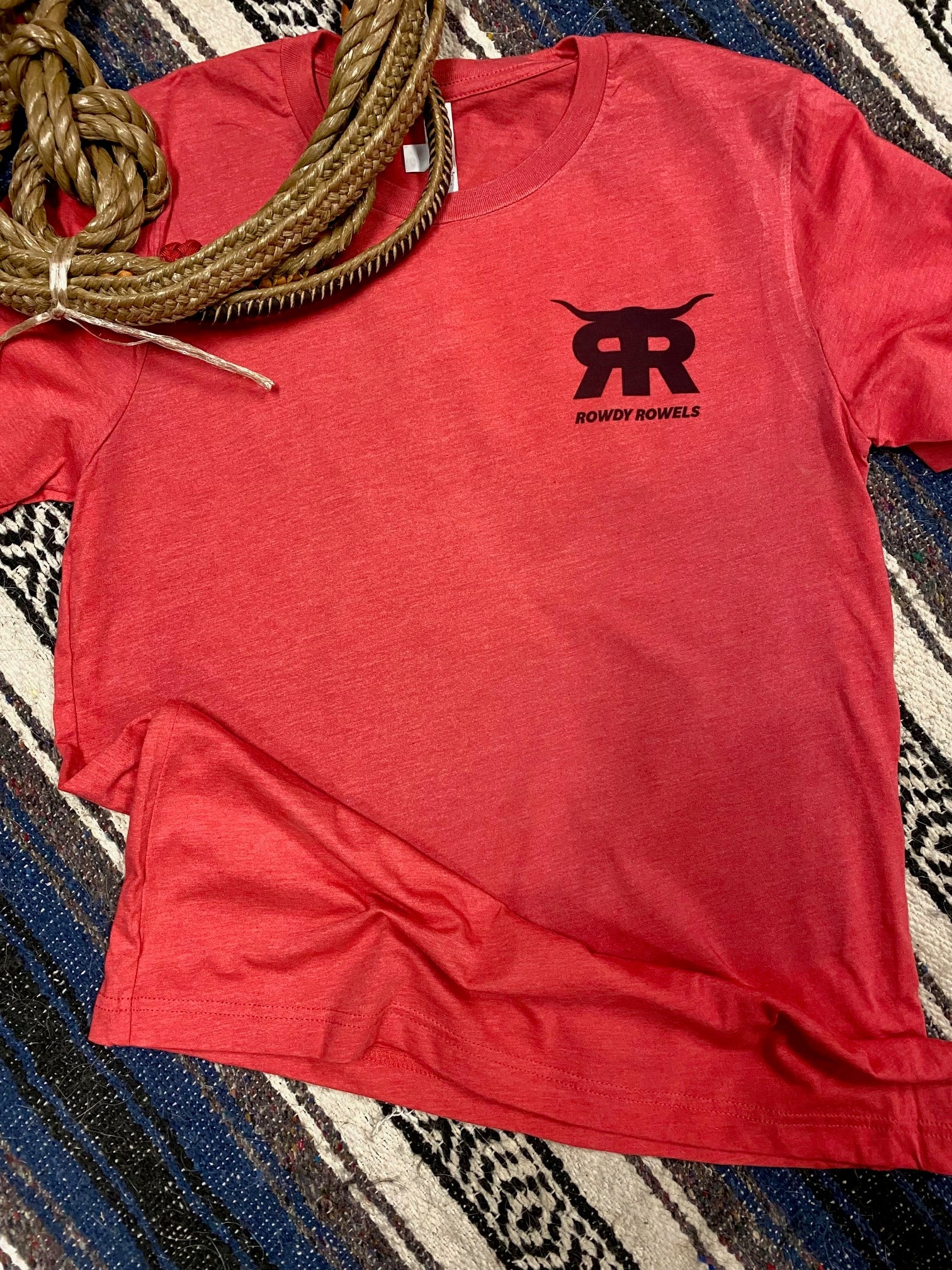 Rowdy Rowels Heritage Logo Tee | Premium Bella + Canvas 3001 Pocket & Back Graphic | Heather Red Western Rodeo Shirt