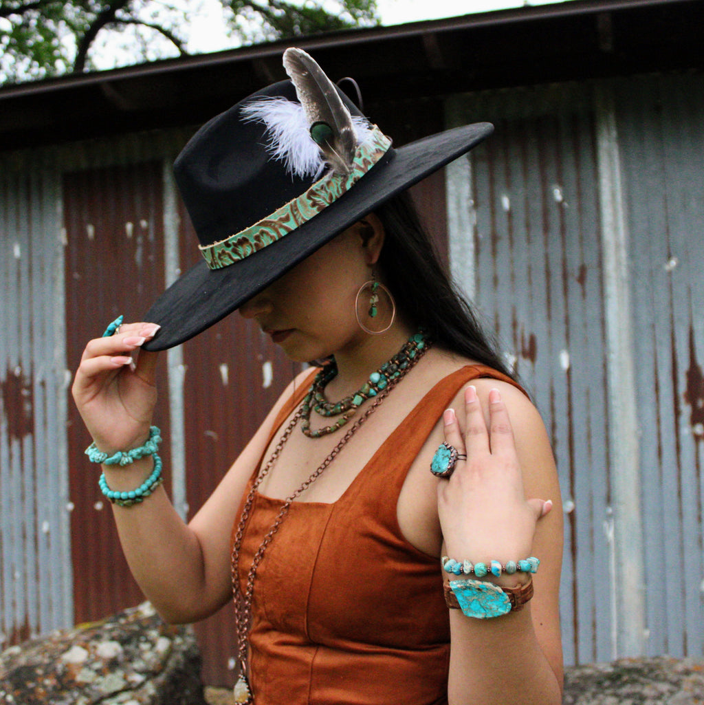 HuBei Turquoise and Copper Bead Hoop Earrings 224e