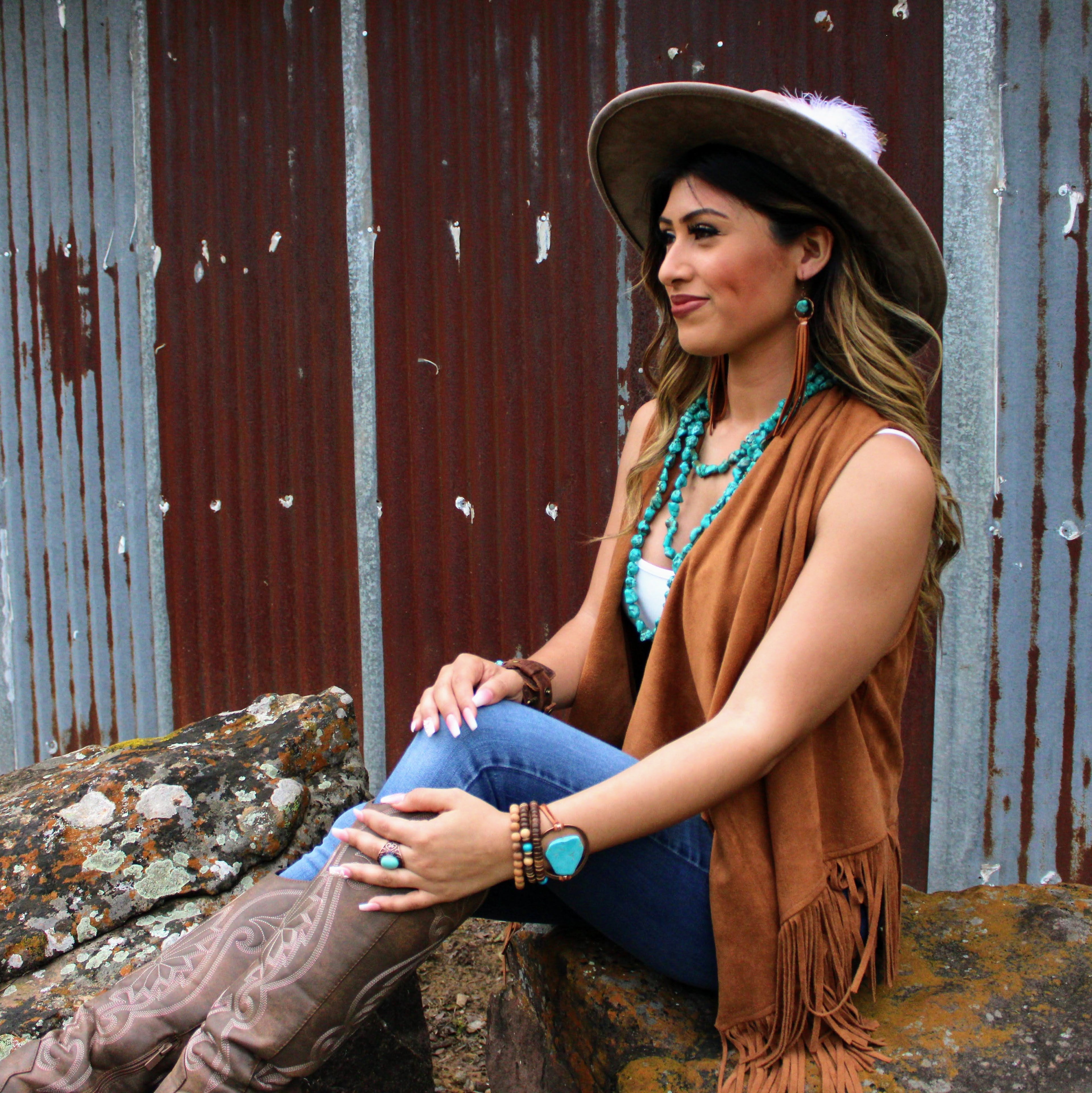 Turquoise Drop Earrings w/ Suede Leather Tassel 202s