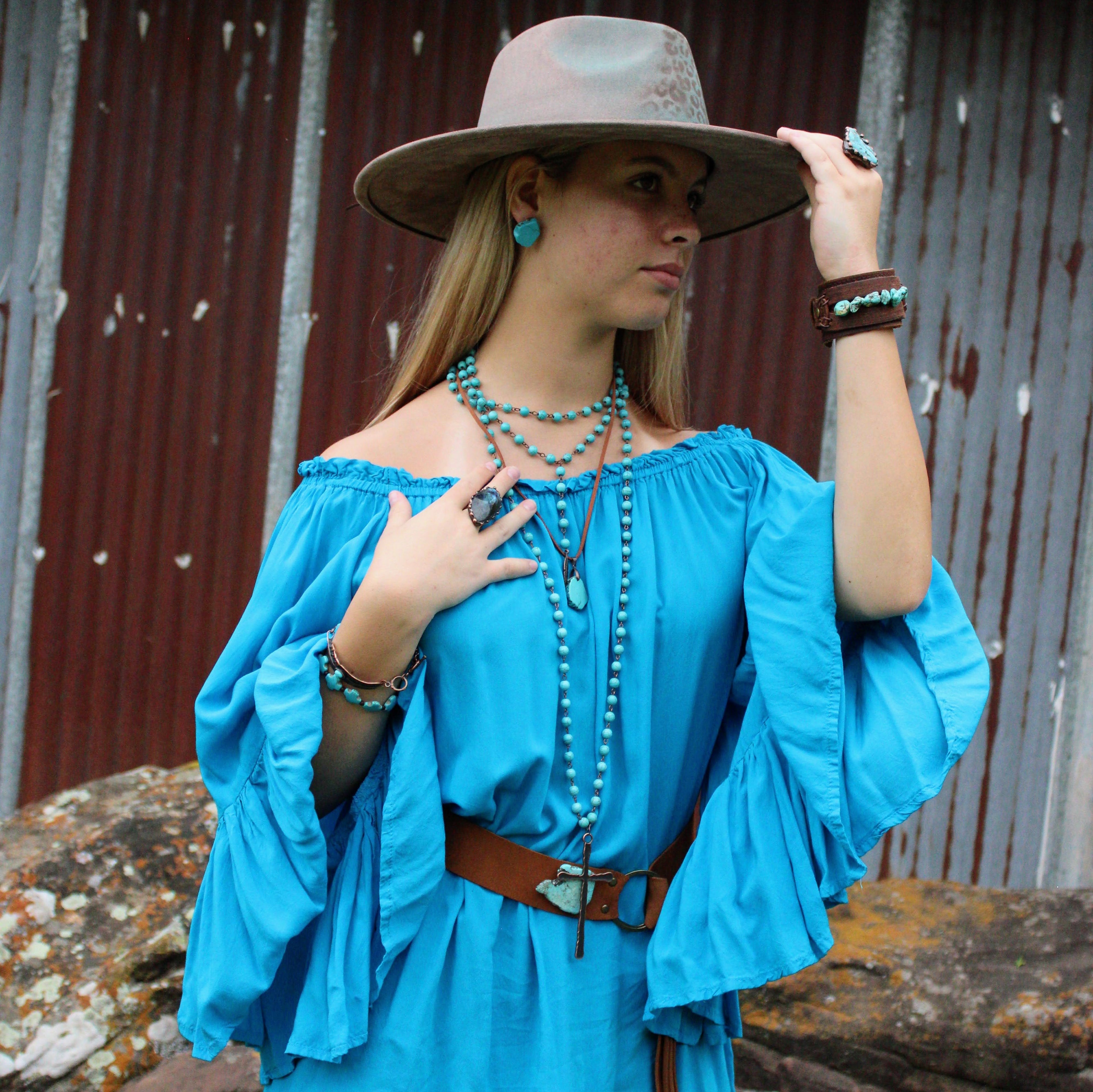 Double Strand Lariat Blue Turquoise Necklace w/ Copper Feather 251e