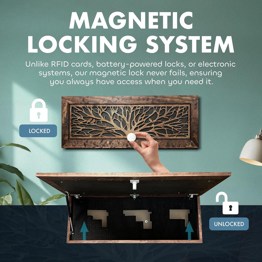 Large Birds in a Tree Gun Concealment Furniture, Concealed Shelf, Hidden Storage for Rifles, Shotguns, & Handguns