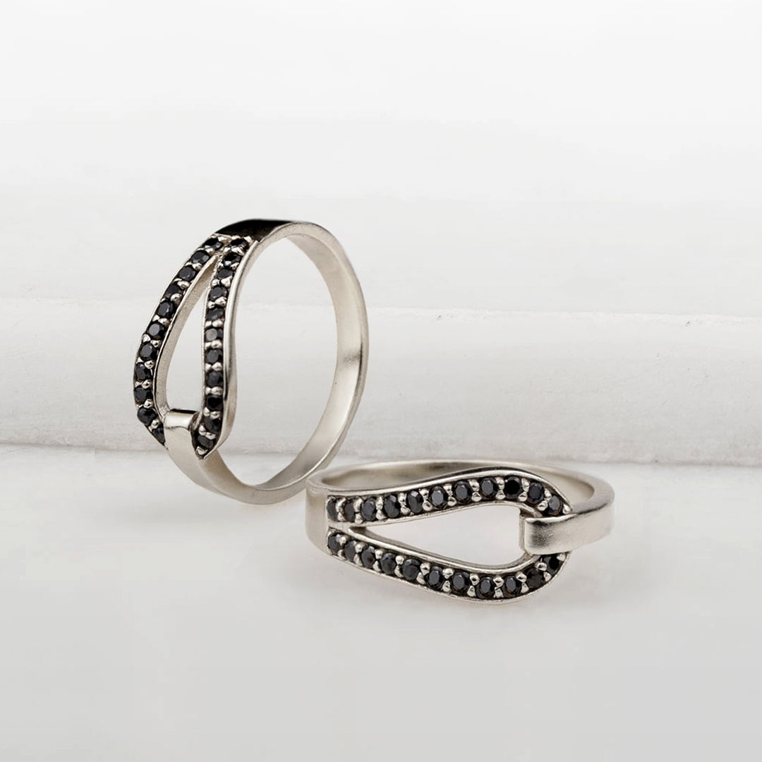 Levade - Black Moissanite Equestrian Horseshoe Ring in Silver