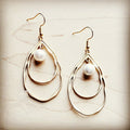 Matte Gold Double Hoop Earrings with Pearl Dangle 203t