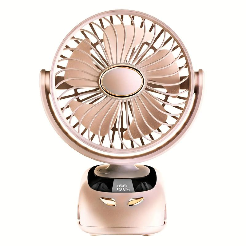 Portable USB Desktop Fan with Smart Speed Display and Battery Indicator, 5-Speed Adjustable Mini Fan, USB Power Supply, Hanging/Standing Stand, Built-In Ambient Night Light, Compact Cooling Fan for Home, Office, Travel, and Camping