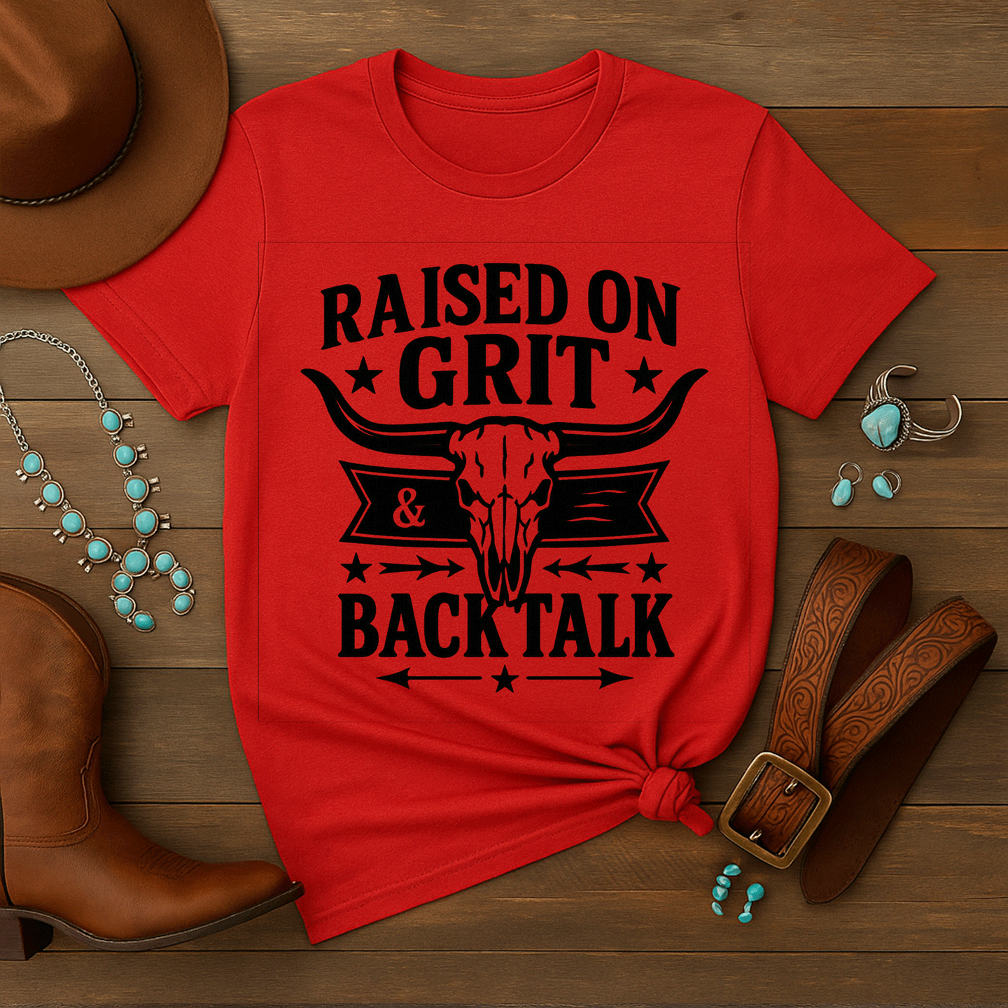 Western Graphic Tee – Raised on Grit and Back Talk Shirt | Rowdy Rowels