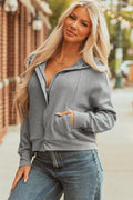 Gray Waffle Splicing Zip Up Front Button Hooded Jacket