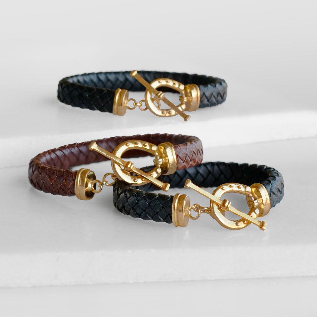 Aristo - 14K Gold Vermeil Brown Leather Horseshoe Bracelet