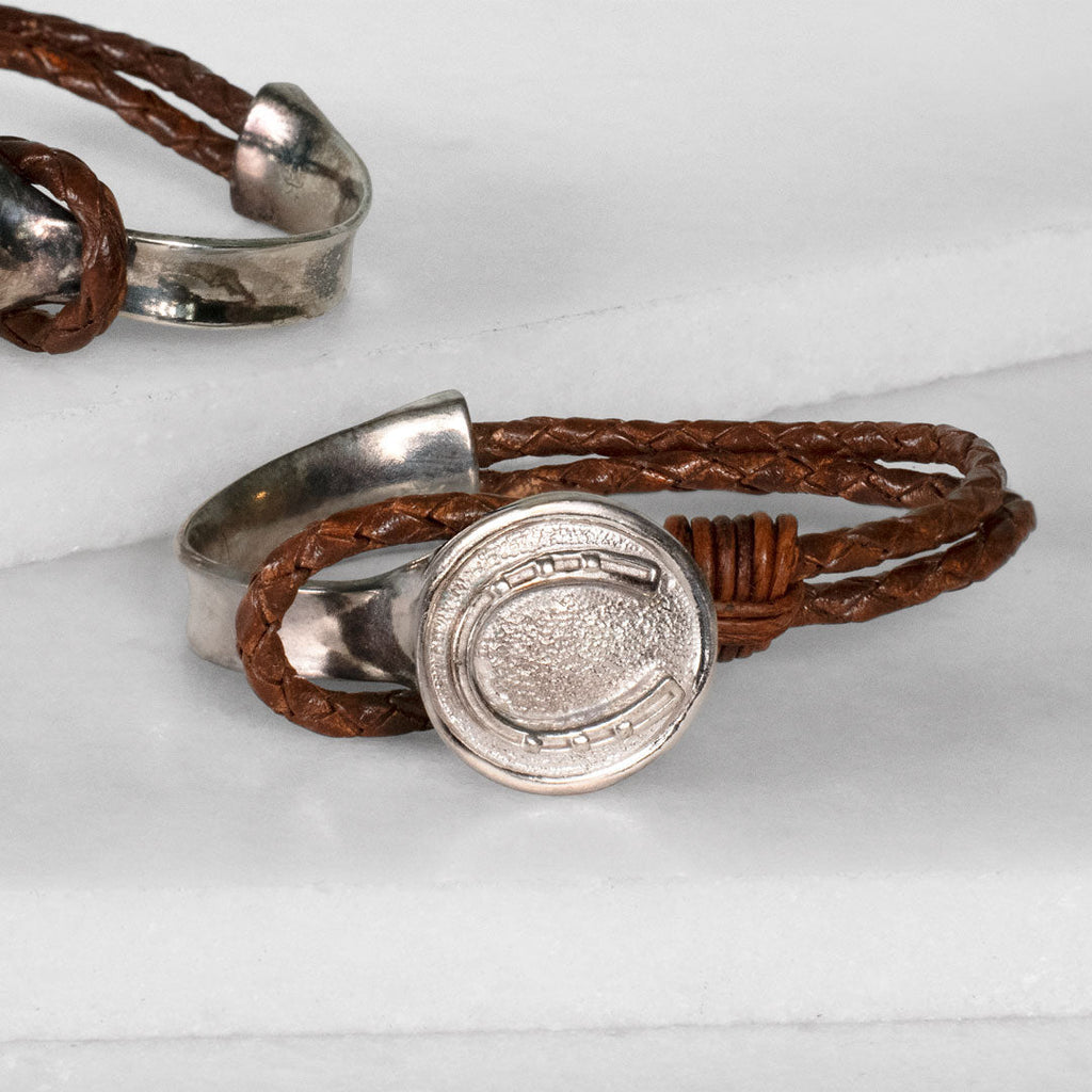 Bosal - Leather laced Horseshoe Bracelet in Brown and Silver