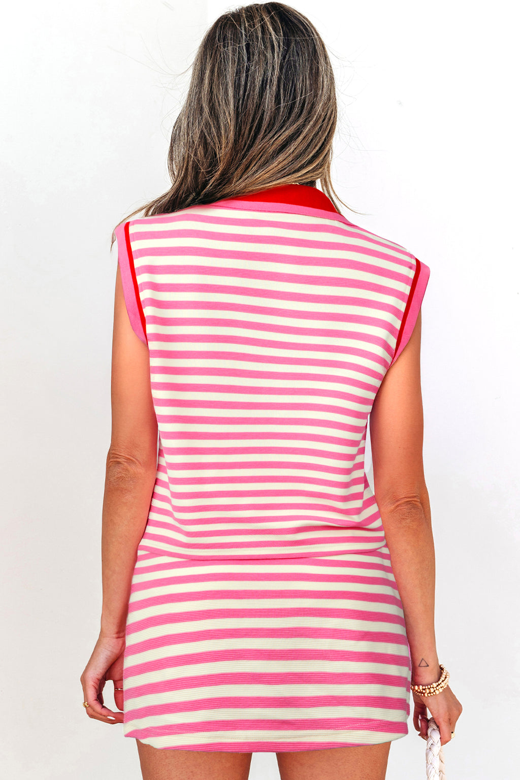 Dark Blue Textured Stripe Print Contrast Trim Zip Collar Sleeveless 2pcs Skort Set