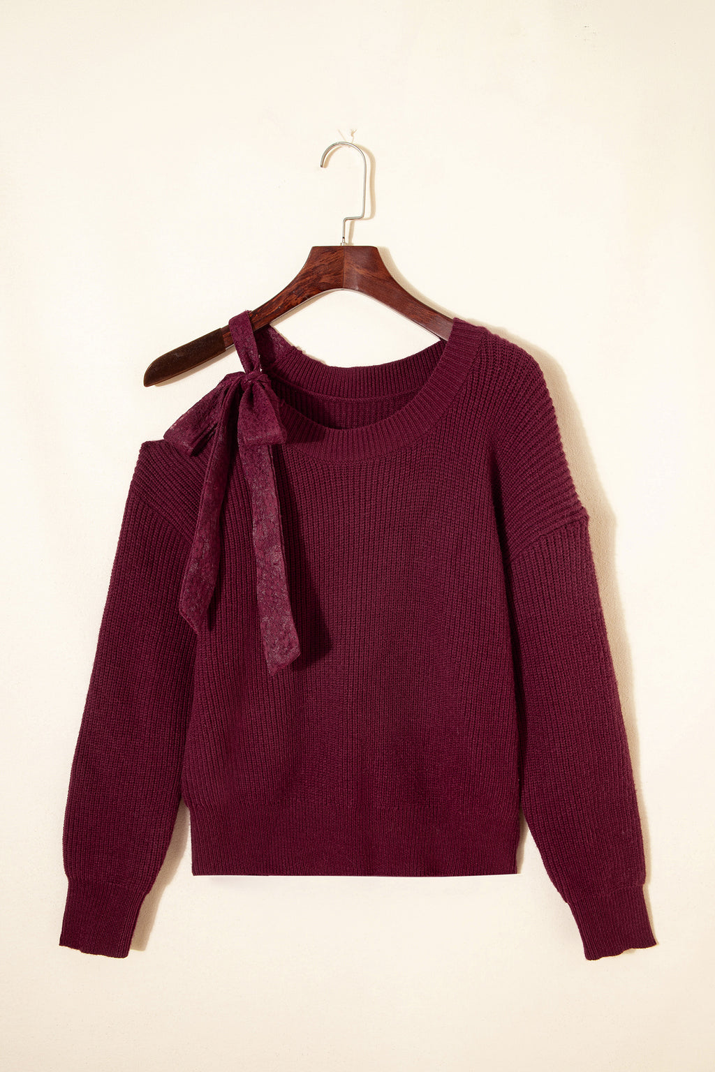 Burgundy Lace Bowknot Asymmetric Neck Sweater