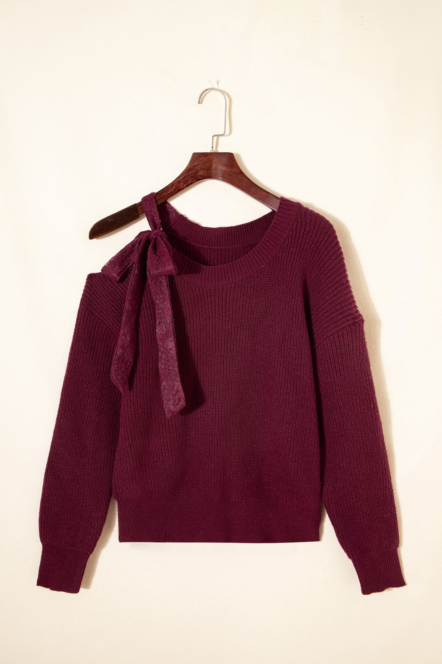 Burgundy Lace Bowknot Asymmetric Neck Sweater