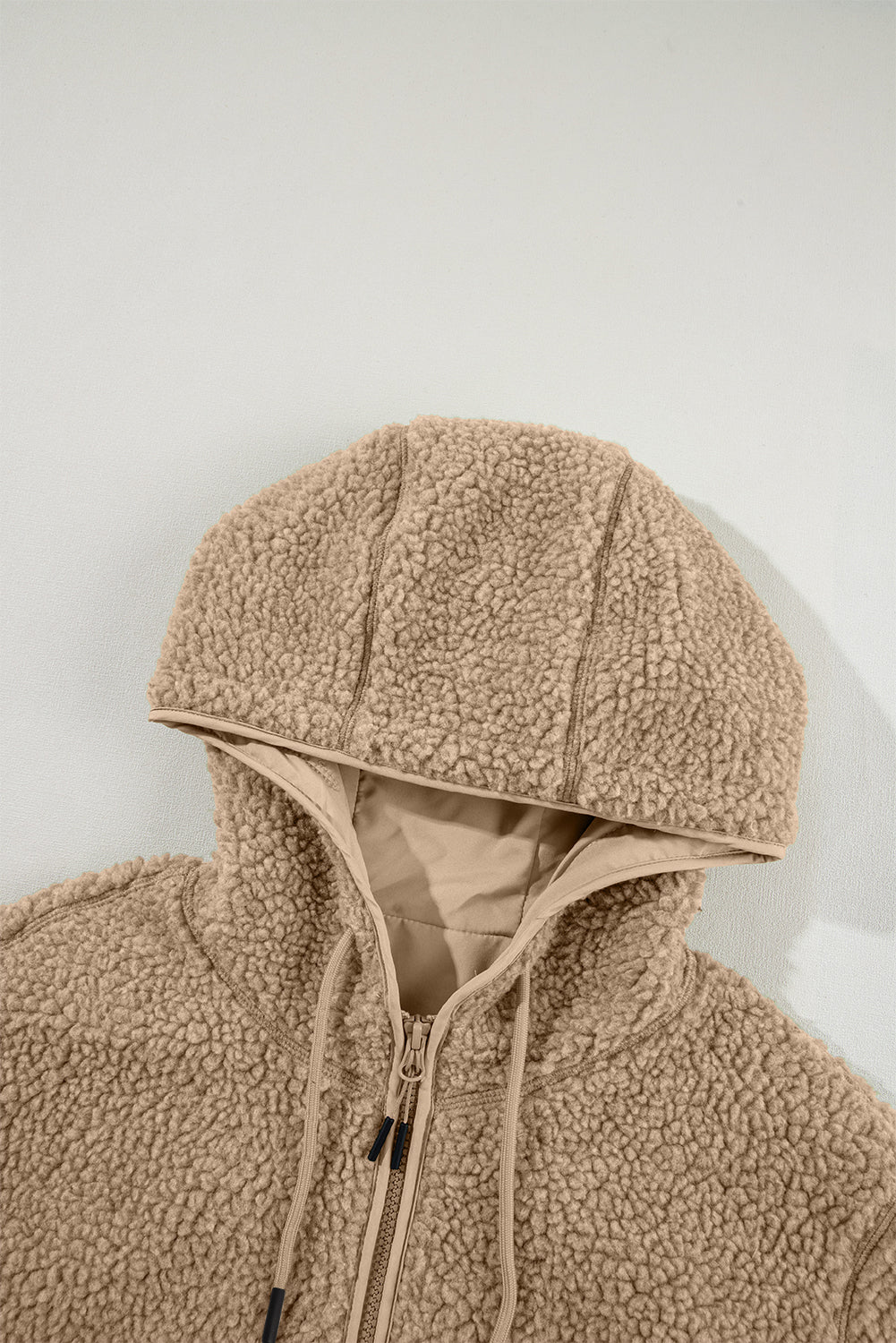 Beige Fleece Zip Up Drawstring Hooded Pocketed Jacket