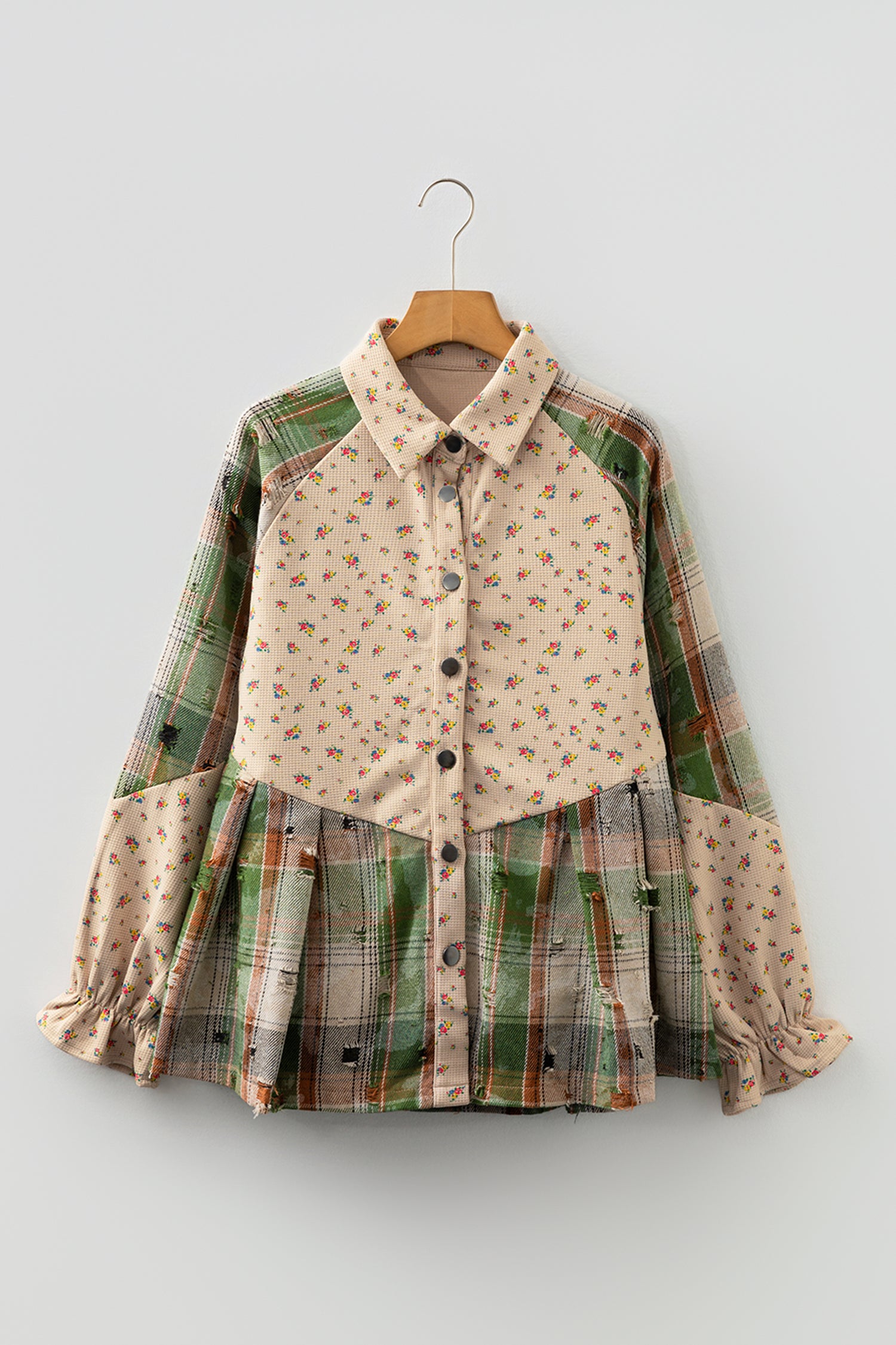 Oatmeal Boho Floral Plaid Patchwork Distressed Detail Ruffled Sleeve Waffle Knit Shacket