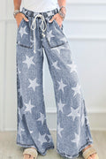 Light Blue Star Print Light Wash Drawstring Elastic Waistband Wide Leg Jeans