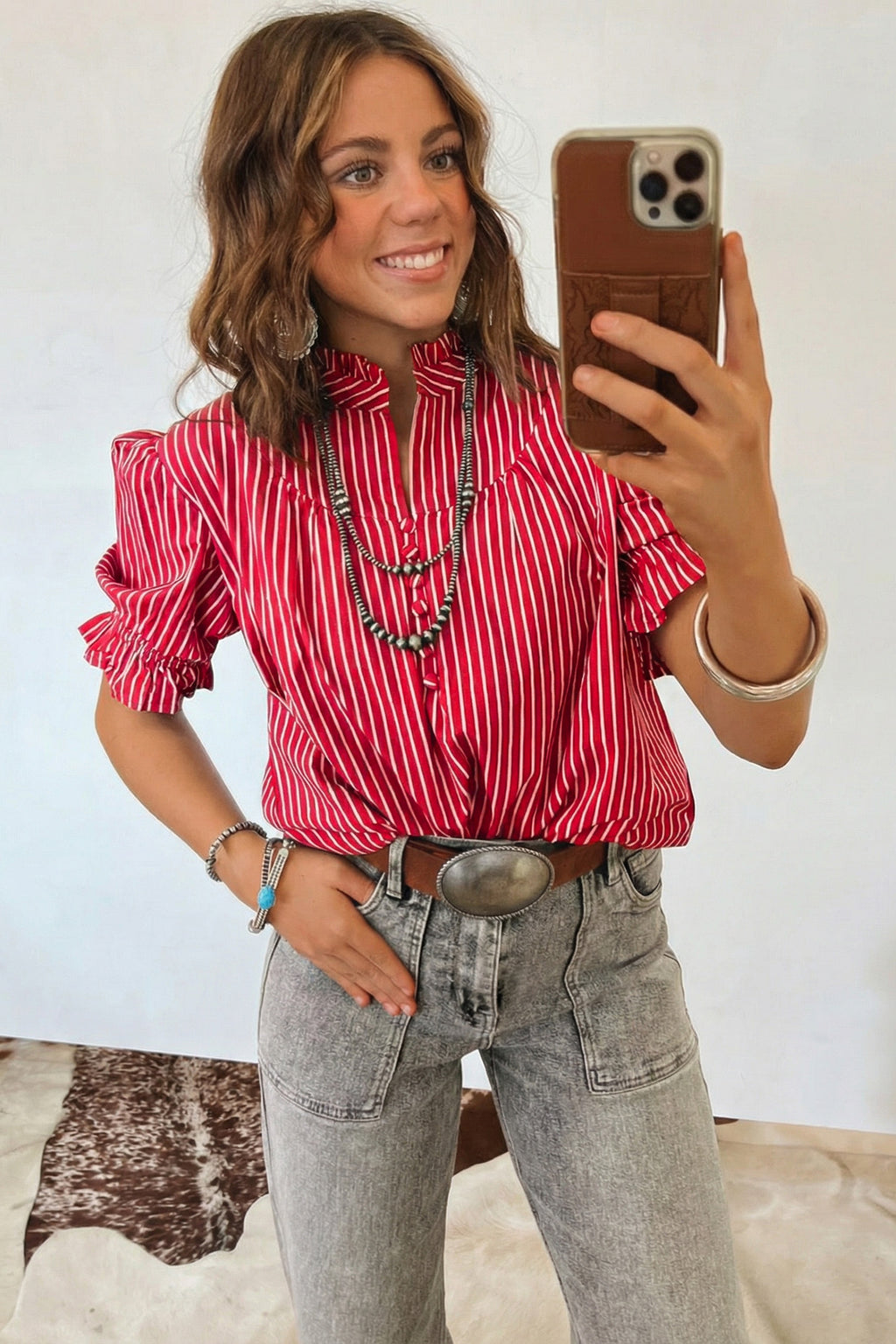 Blue Stripe Ruffled Short Puff Sleeve Button Front Blouse