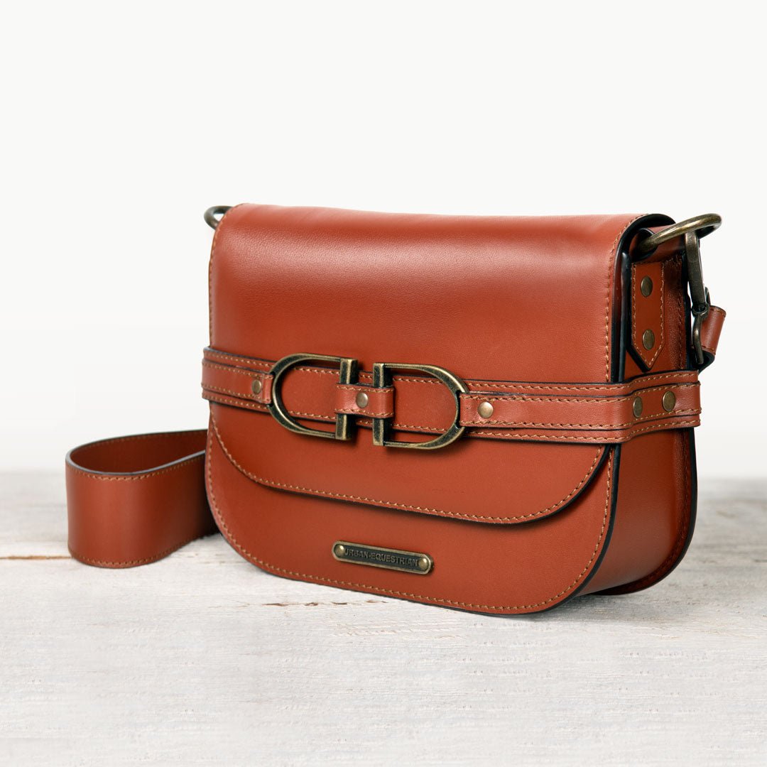 Delaney - Equestrian Stirrup Crossbody Luxury Leather Handbag in Cognac