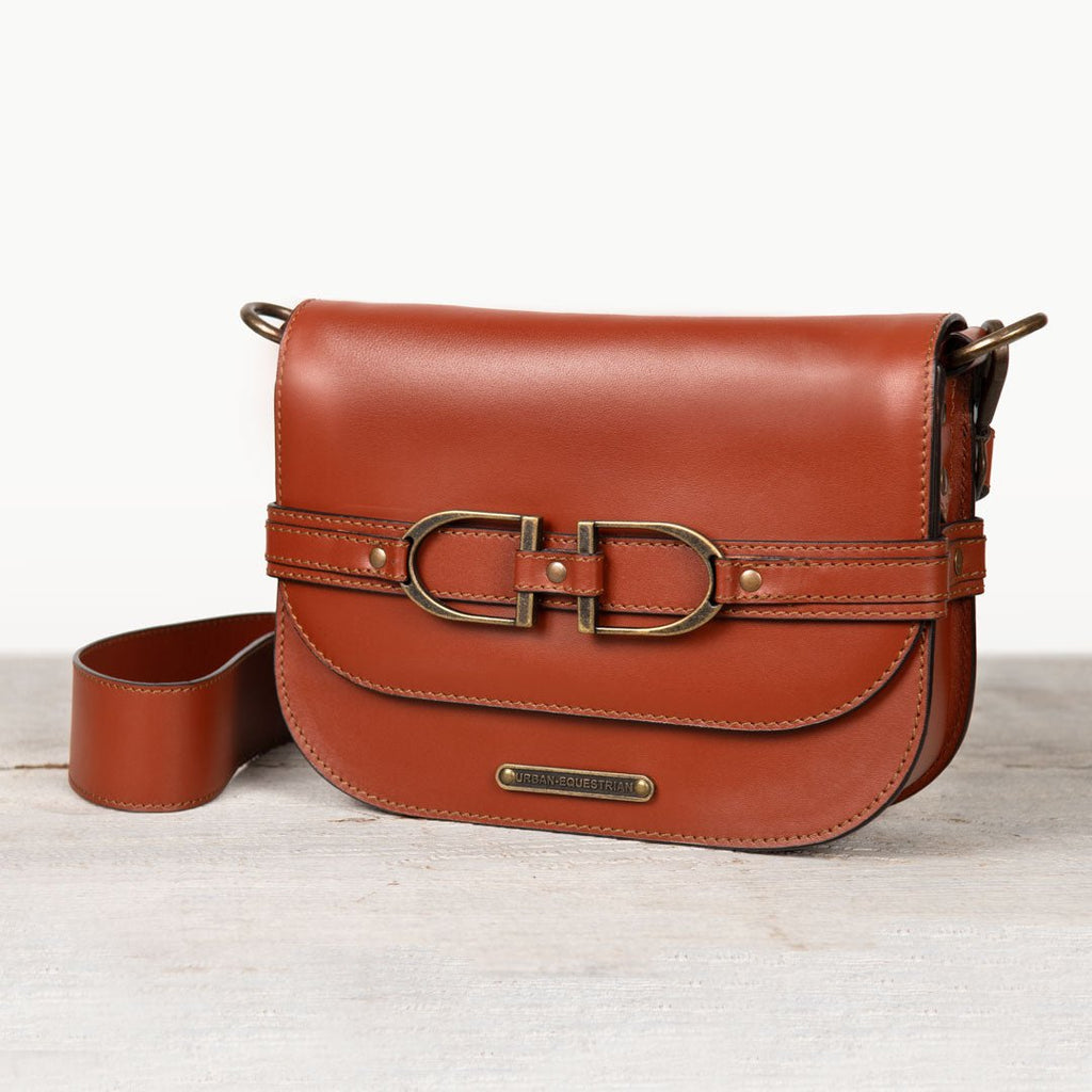 Delaney - Equestrian Stirrup Crossbody Luxury Leather Handbag in Cognac