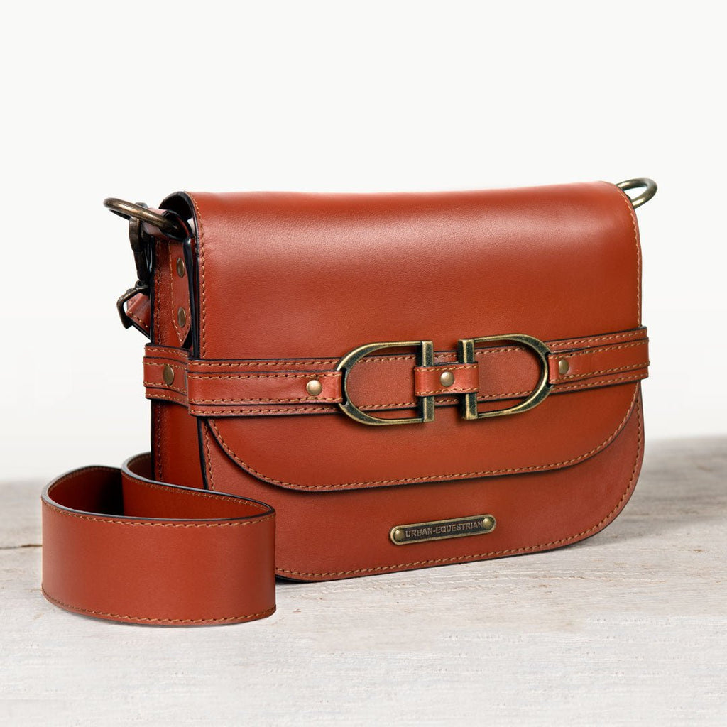 Delaney - Equestrian Stirrup Crossbody Luxury Leather Handbag in Cognac