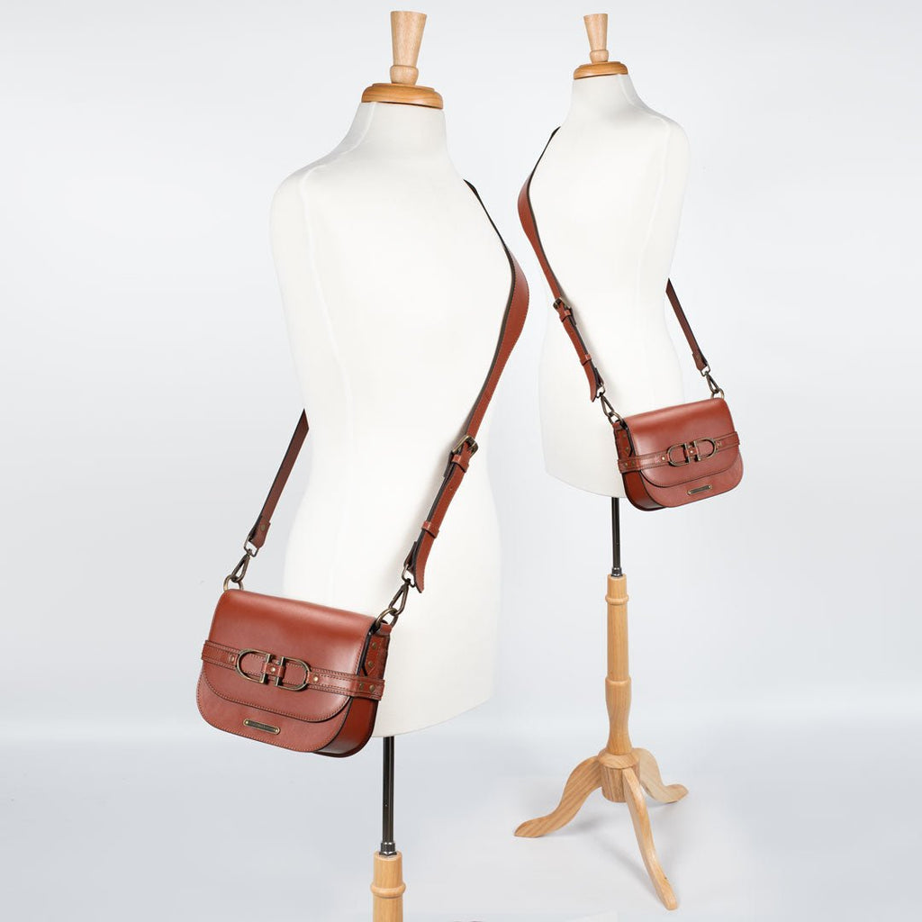 Delaney - Equestrian Stirrup Crossbody Luxury Leather Handbag in Cognac