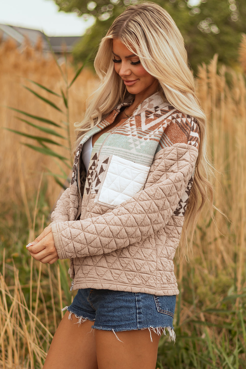 Light French Beige Aztec Quilted Patchwork Western Fashion Jacket