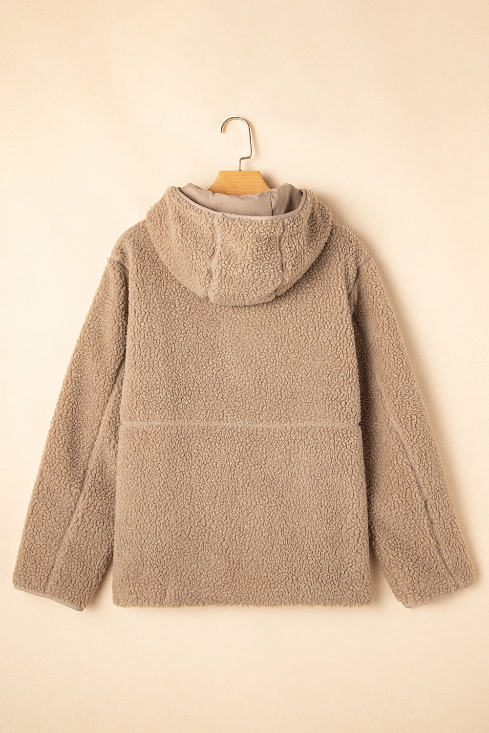 Beige Fleece Zip Up Drawstring Hooded Pocketed Jacket