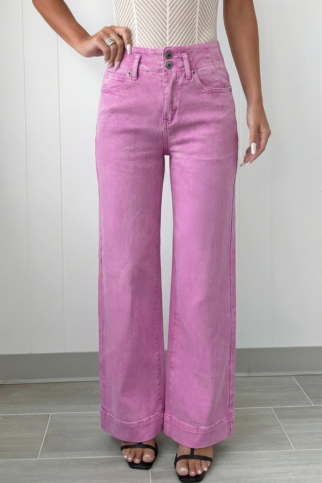 Mist Green 2-Button High Waist Wide Leg Jeans