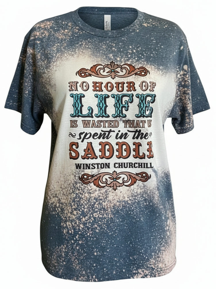 Winston Churchill Saddle Quote Graphic Tee | Bella + Canvas 3001 Deep Heather Teal T-Shirt | Western Equestrian Bleached Top | Horse Lover Gift Boutique Shirt