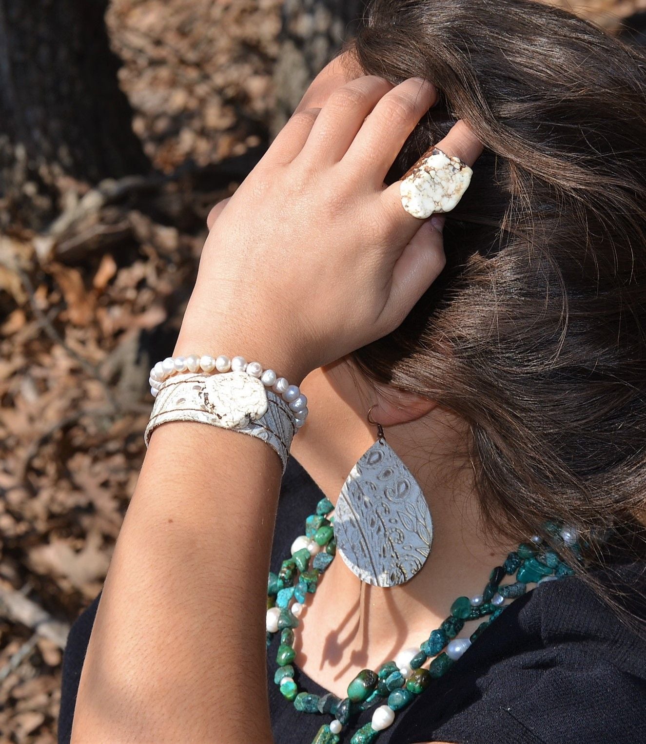 Chunky White Turquoise Slab on Hammered Gold Cuff RingBase 012s