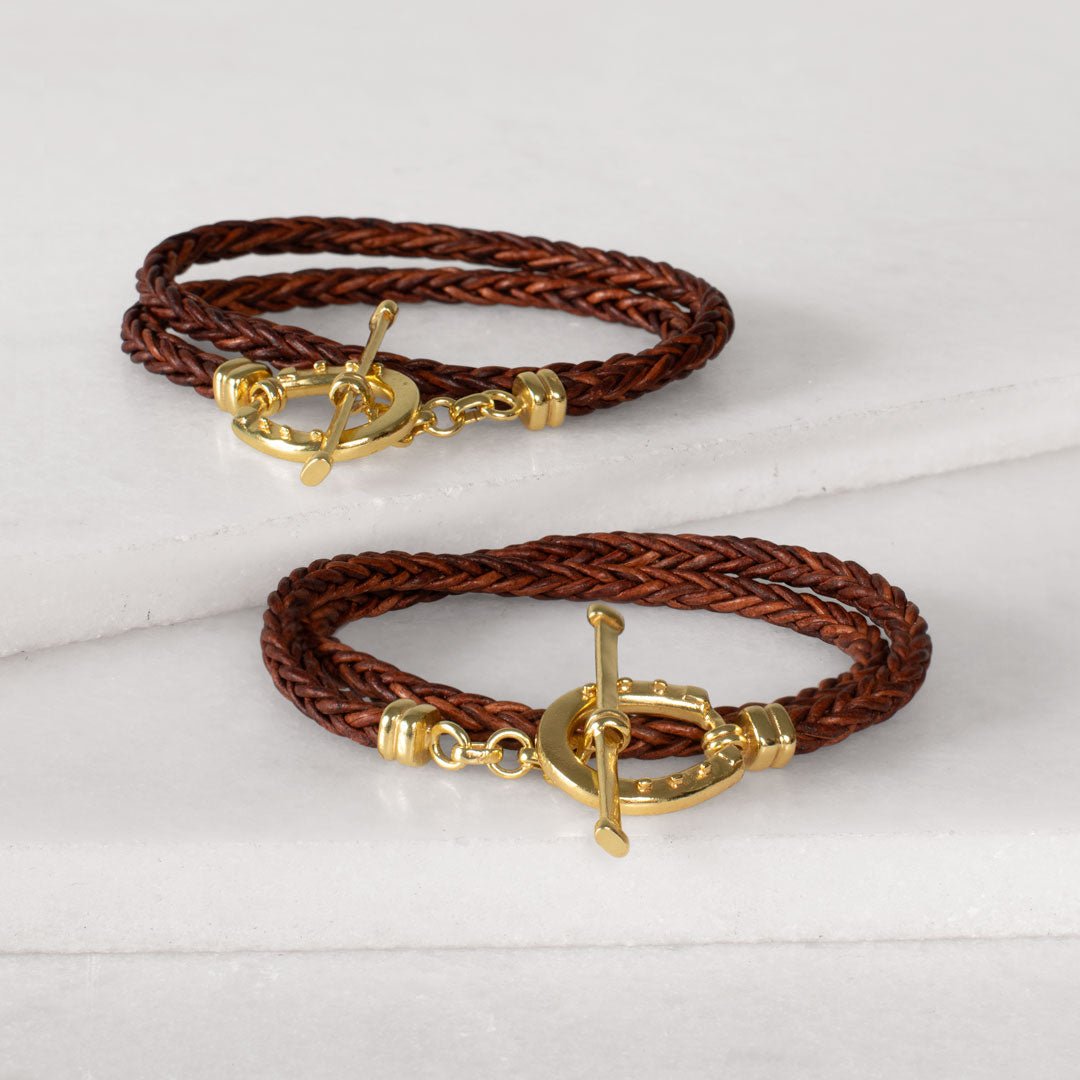Roundup - Braided Leather Horseshoe Bracelet in Brown & Gold