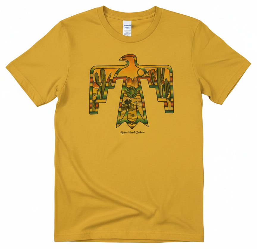 Thunderbird Desert Landscape Graphic Tee | Mustard Yellow Western Thunderbird T-Shirt | Retro Cowgirl Cactus & Mesa Scene Top